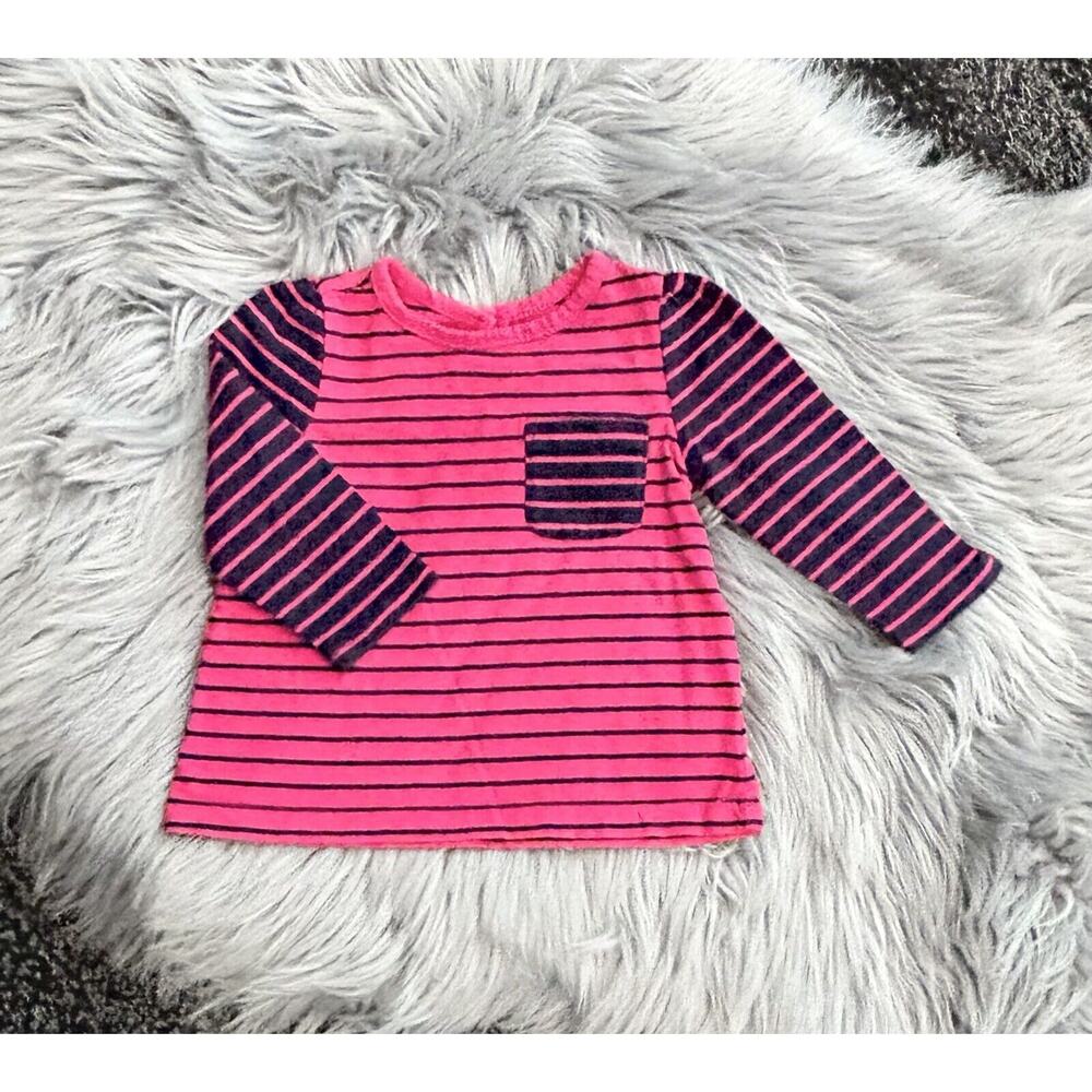 Baby Gap Girls Pink & Navy Striped Long Sleeve Top W/Pocket Size 6-12month